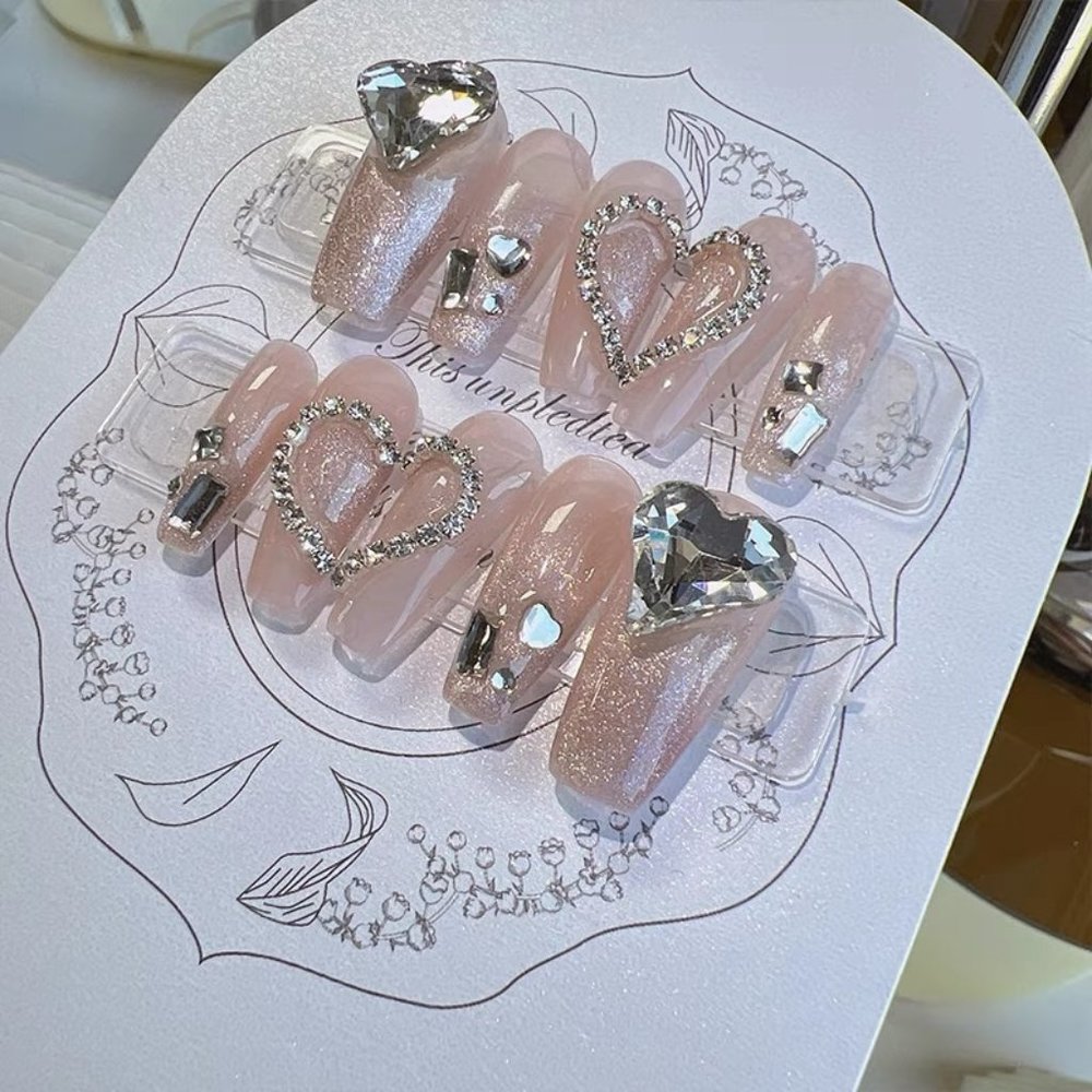 CLIP ON NAILS WITH HEARTS AND BLING
